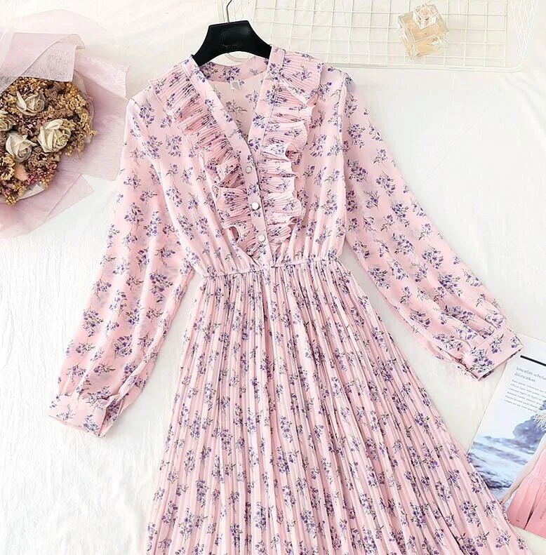2020 Spring Summer Pleated Chiffon Dresses Women Vintage V-neck Ruffles Long Dress Long Sleeve Floral print Office Dress Vestido
