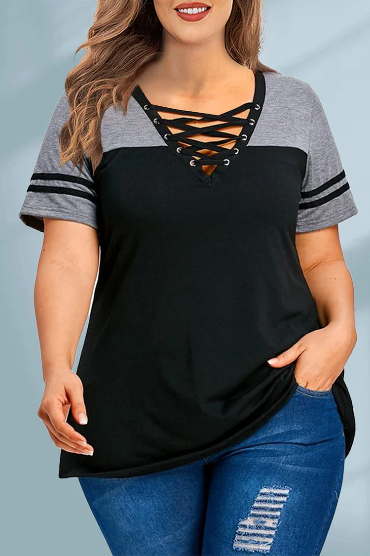 Flycurvy Plus Size Casual Black Eyelet Washer Lace-Up Contrast Color Blouse  Flycurvy [product_label]