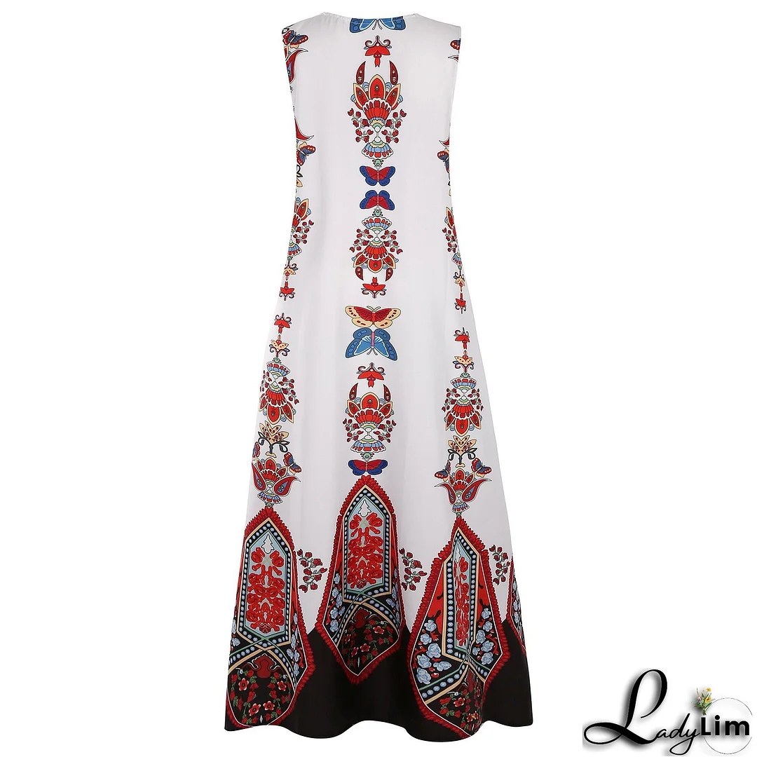Vintage print dress V-neck sleeveless