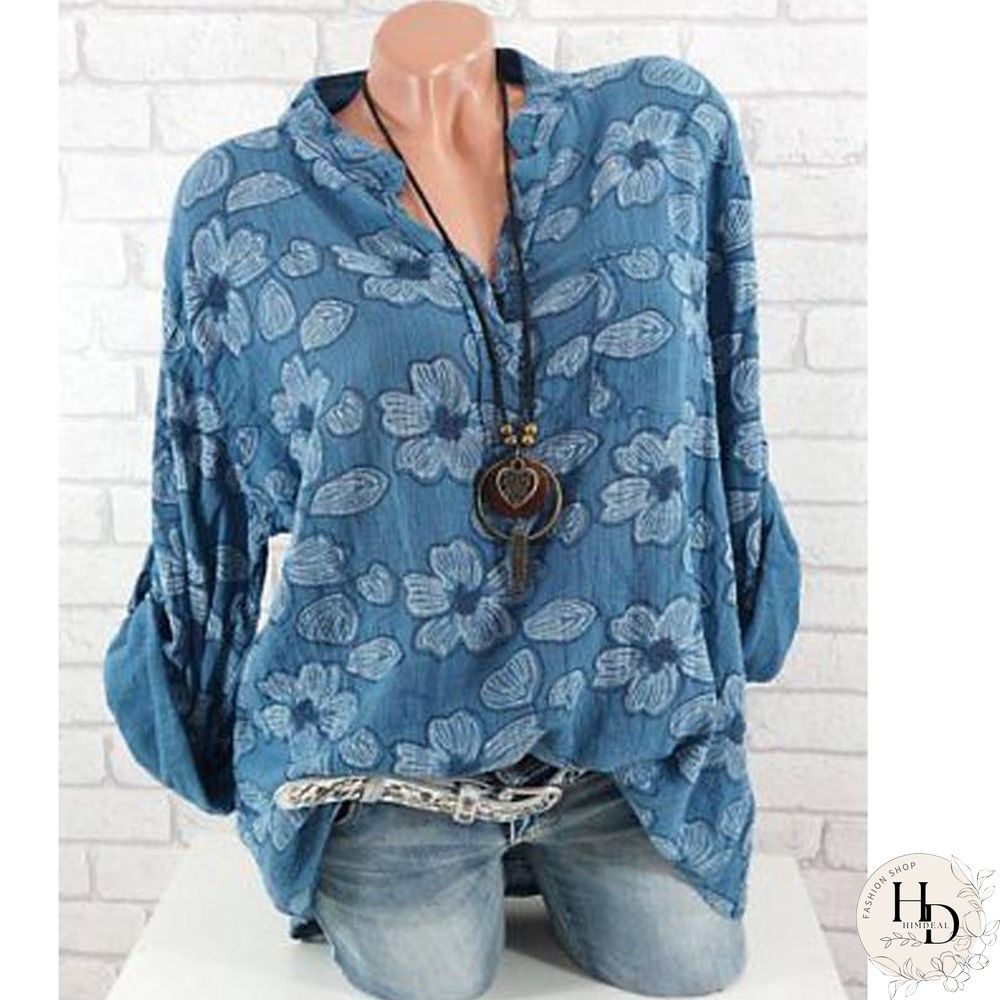 Women Floral Print Long Sleeve V Neck Blouse Chiffon Casual Tops Plus Size