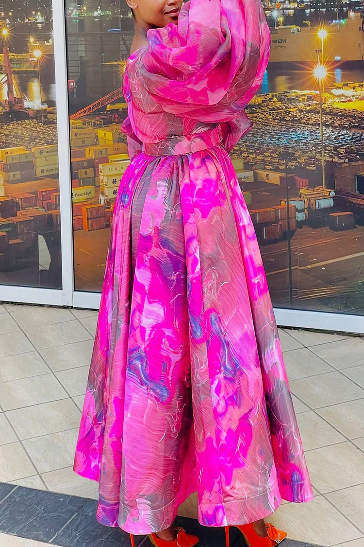 Plus Size Wedding Guest Pink Elegant Floral Round Neck Puff Sleeve 3/4 Sleeve Pleated Organza Maxi Dresses [Pre-Order]