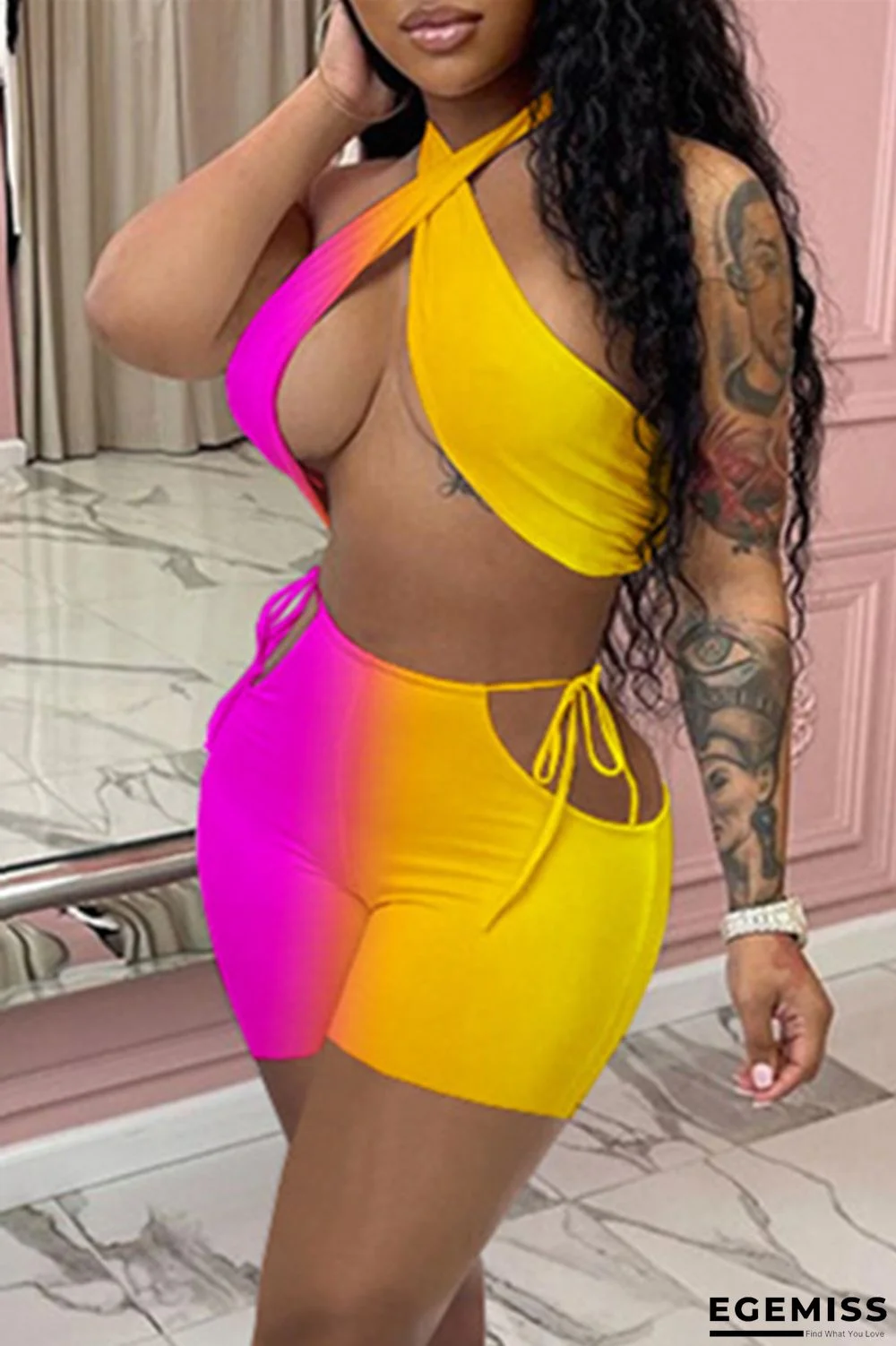 Orange Yellow Sexy Gradual Change Print Hollowed Out Backless Strap Design Halter Sleeveless Two Pieces | EGEMISS