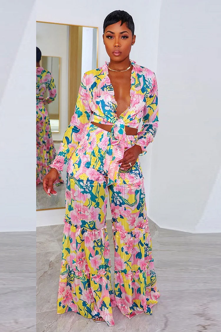 Floral Print Deep V Neck Tie Up Crop Top Wide Leg Pants 2pcs Set-Pink