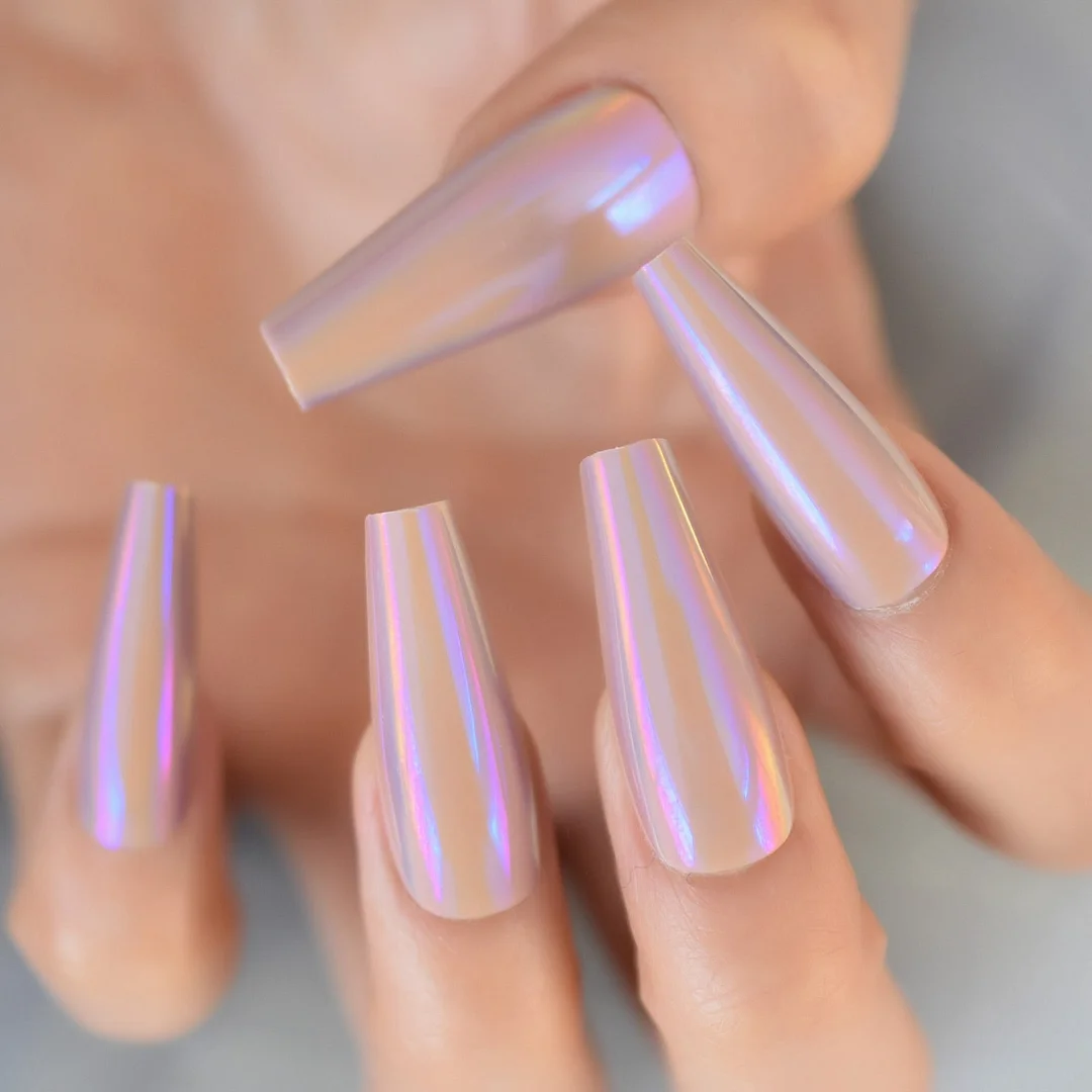 Chrome Diamond Blue Press On Fingernails Metallic Mirror Holo Fake Nails Extra Long Ladies Designed Tips for Finger-Nail Inspo