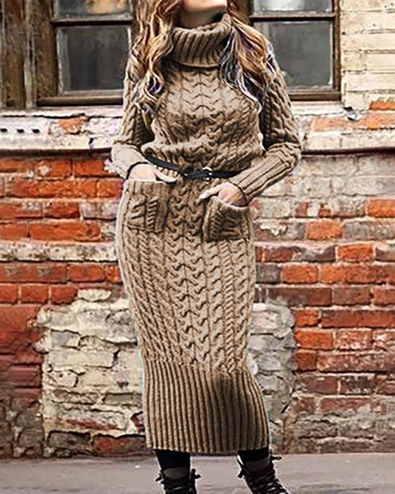 High Neck Long Sleeve Braided Sweater Dress