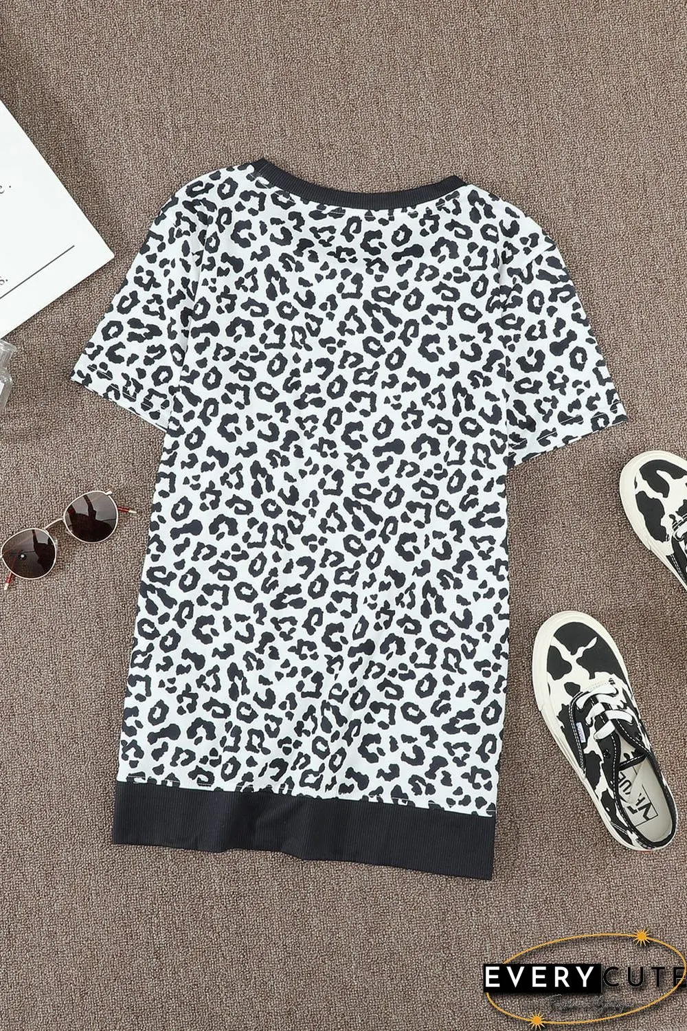 White Crew Neck Leopard Side Split T-shirt