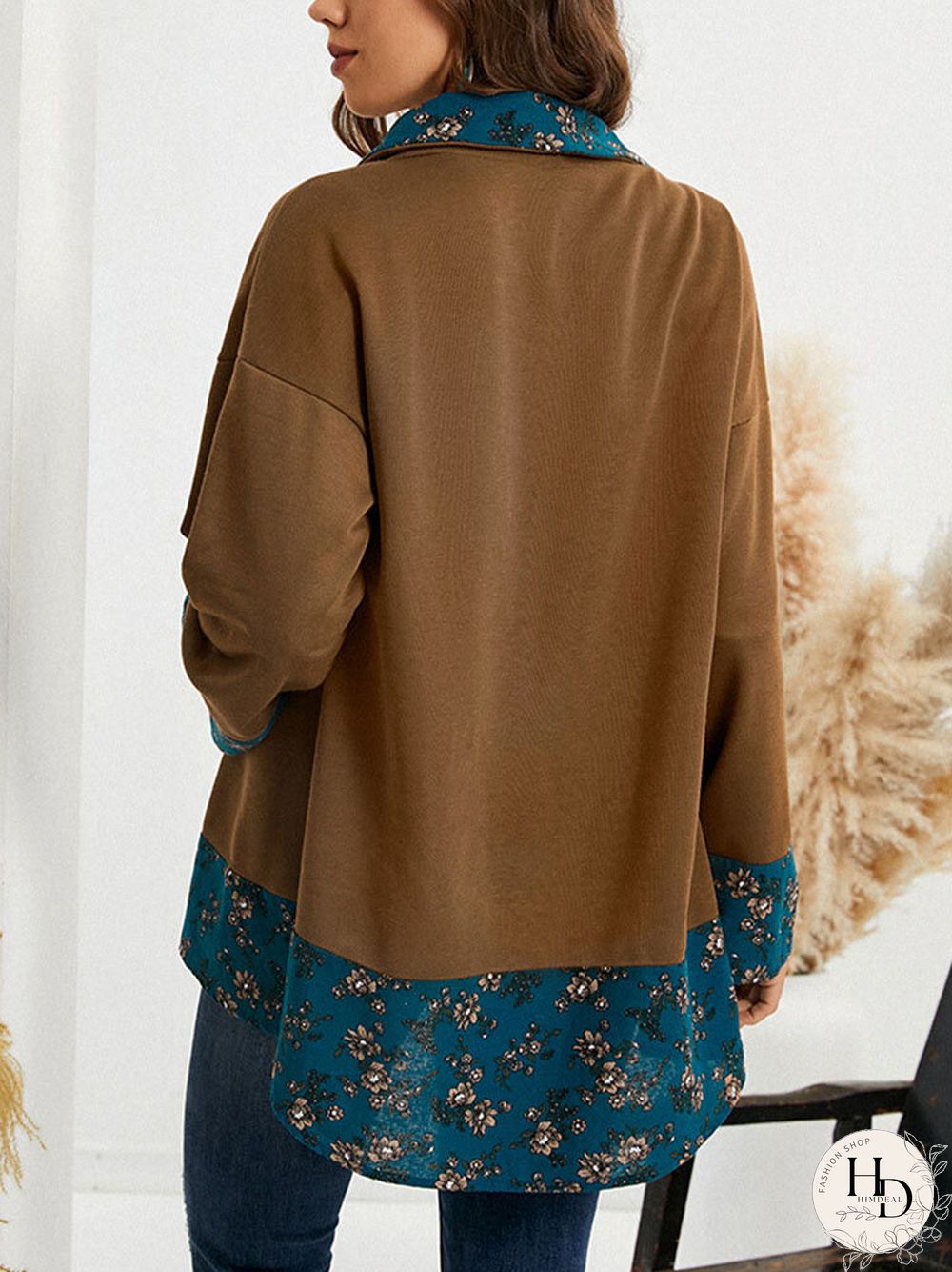 Floral Print Lapel Button Long Sleeve Women Jacket