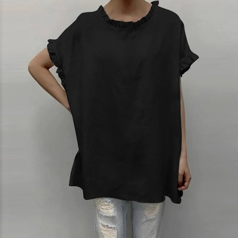 ZANZEA Fashion Women O Neck Short Sleeve Solid Shirt Elegant Ruffles Blouse Summer Tops Tunic Loose Casual Chemise Work Blusas