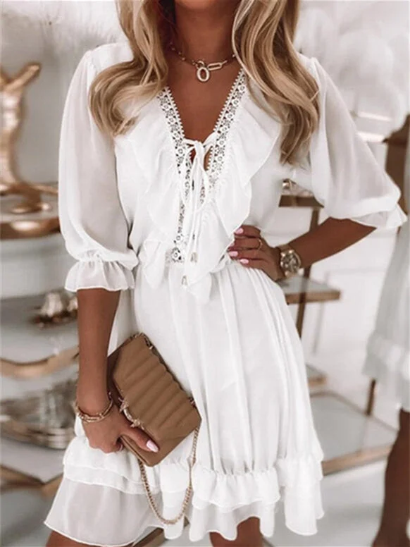 Women's Half Sleeve V-neck Lace Stitching Lace-up Midi Dress