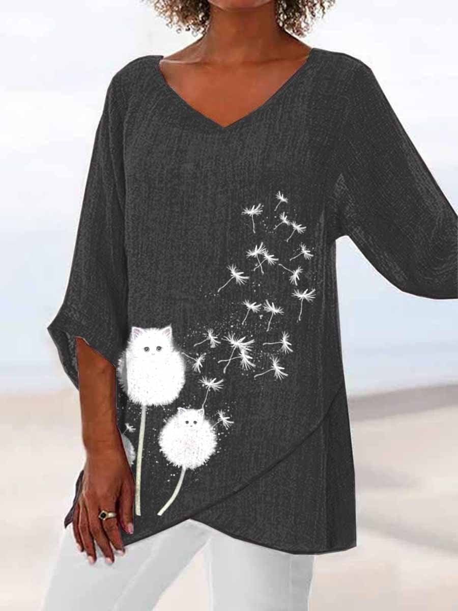 Women Asymmetrical 3/4 Sleeve V-neck Animal Print Graphic Top Dress