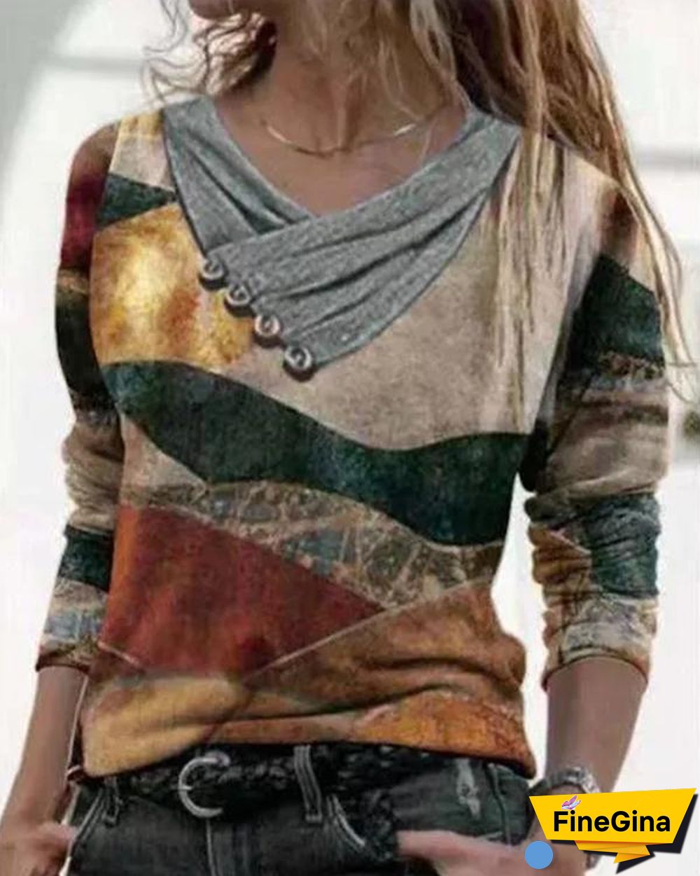 Color Block Casual V-Neckline Long Sleeve Blouses