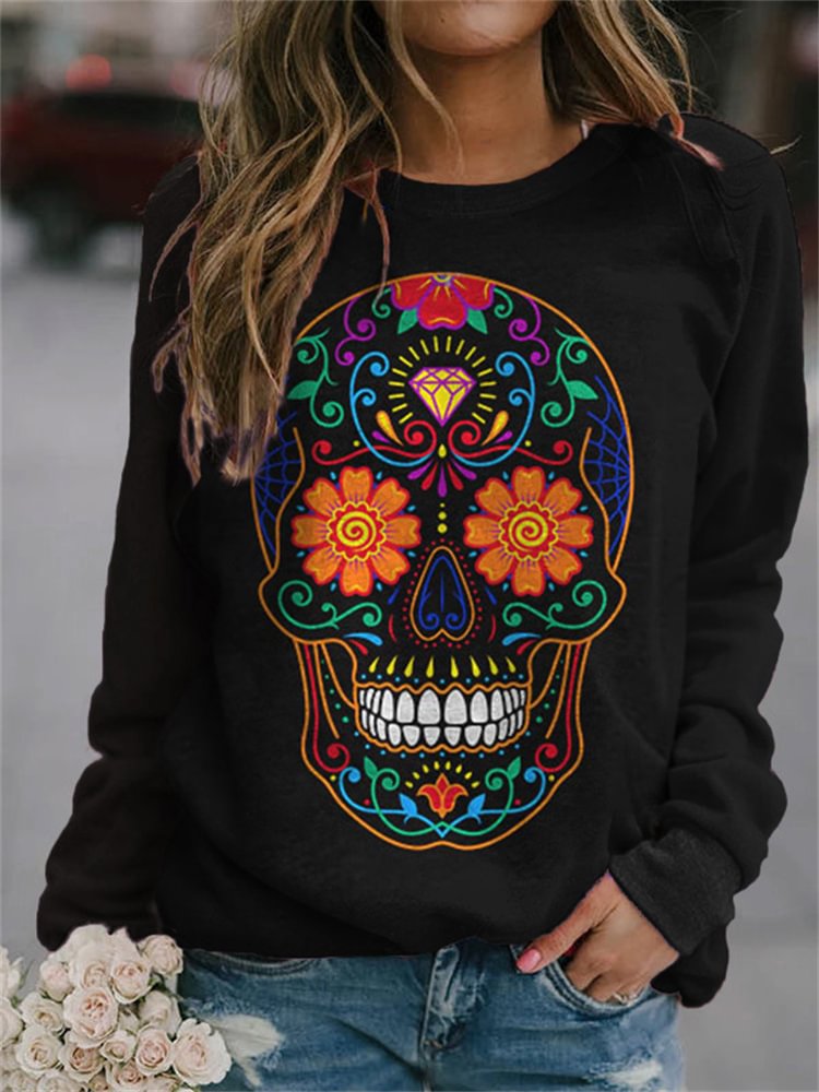 Colorful Sugar Skull Print Casual Sweatshirt