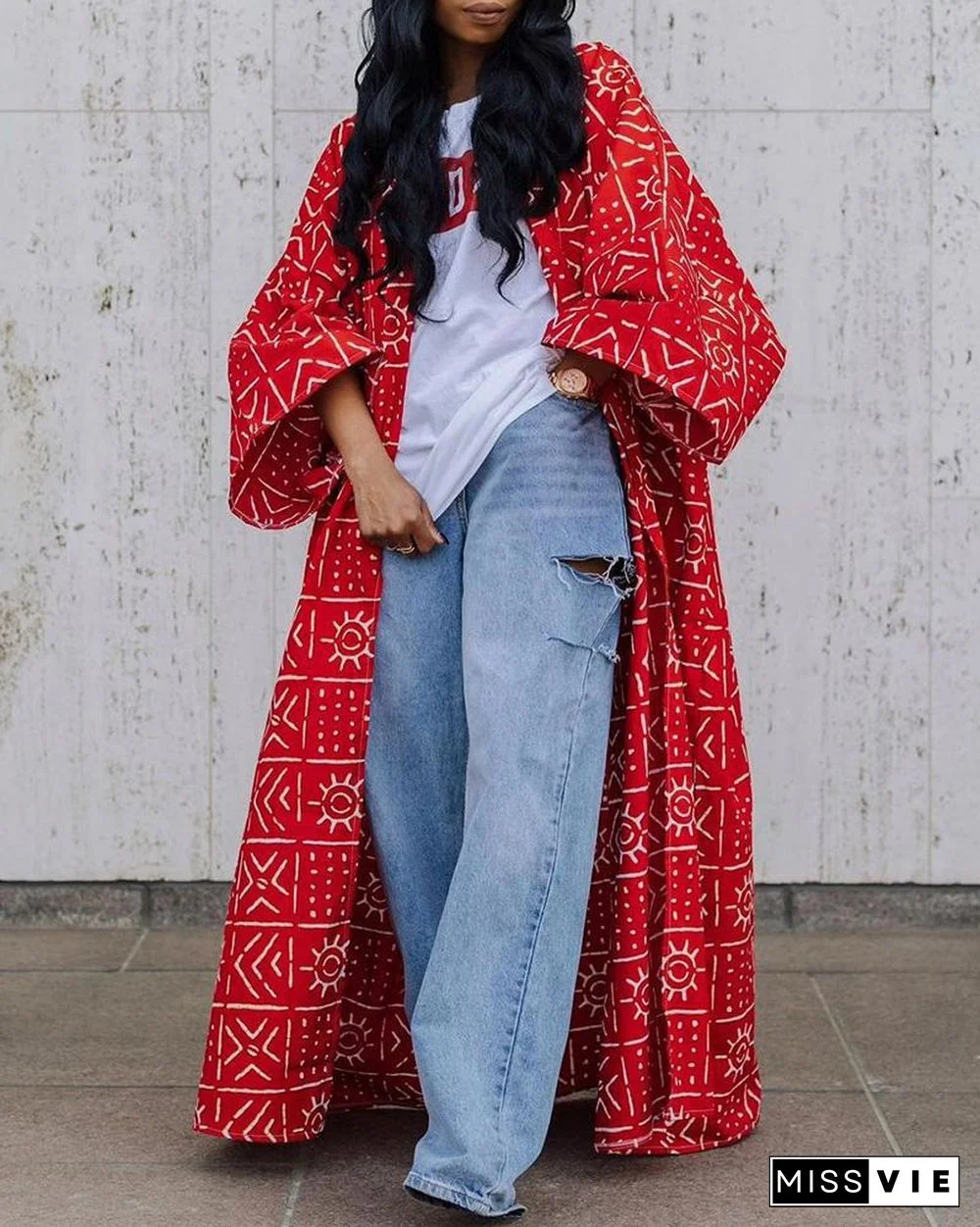 Bell Sleeve Graphic Print Longline Coat