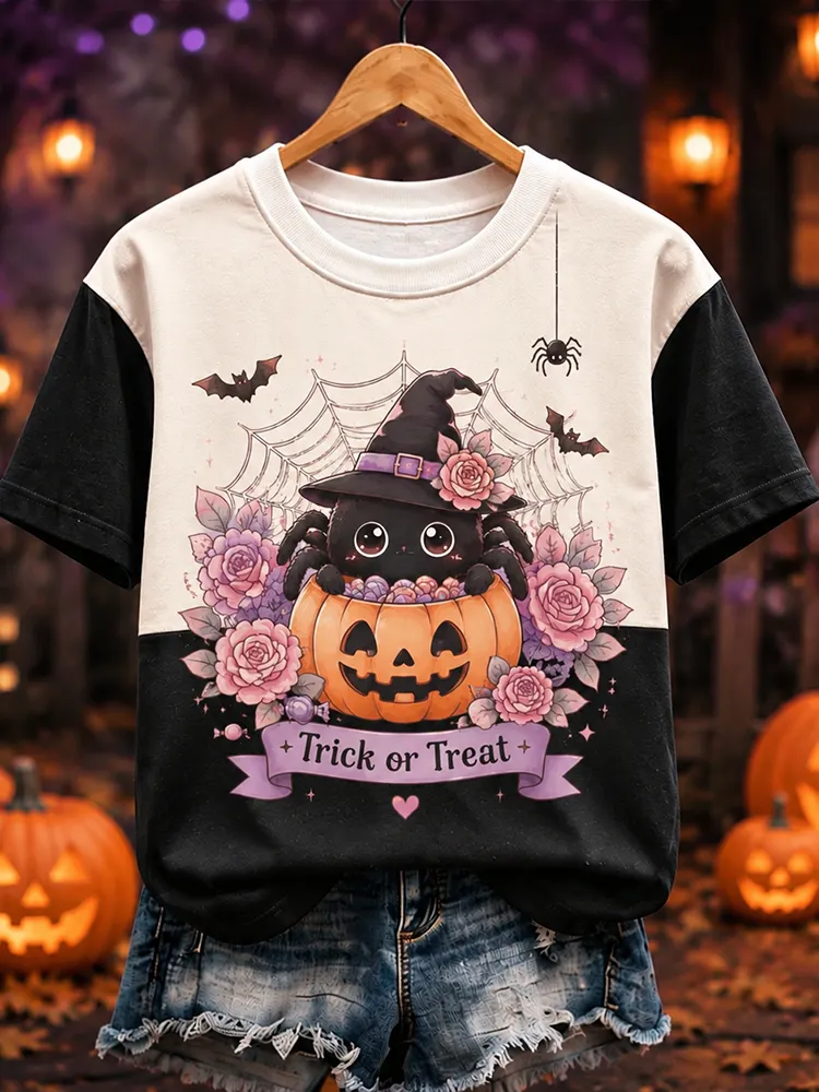 Unisex Off-white And Black Colorblock Trick Or Treat Witch Spider Pumpkin Print Short Sleeve T-shirt artswardrobe
