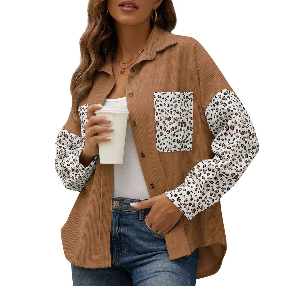 Women's Jacket Leopard Print Stitching Corduroy Casual Shirt