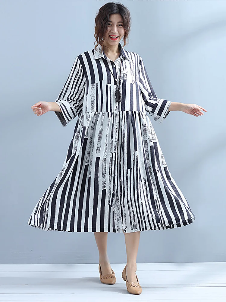 Plus Size - Women Printing Casual Stripe Roomy Dress