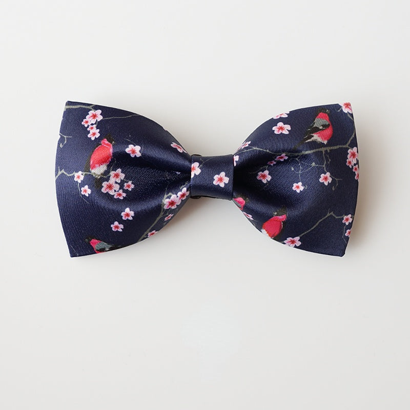 Peach Blossom and Bird Dark Blue Bow Tie Matte Satin Party Wedding Groom Creative Bow Tie