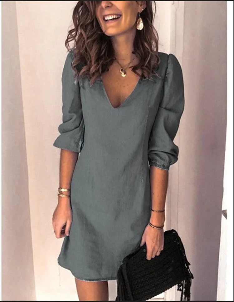 Brownm Regular Sleeve Deep V-neck Sexy Solid Color Versatile Casual Dress