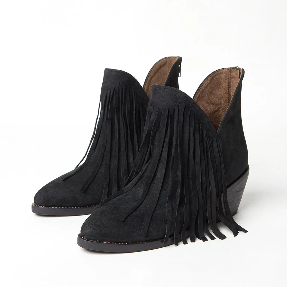 Black Vegan Suede Closed-Toe V-Cut Chunky Heel Fringe Booties