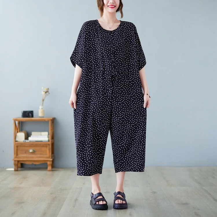 Black Loose Spot Short Sleeve Jumpsuit - yankia