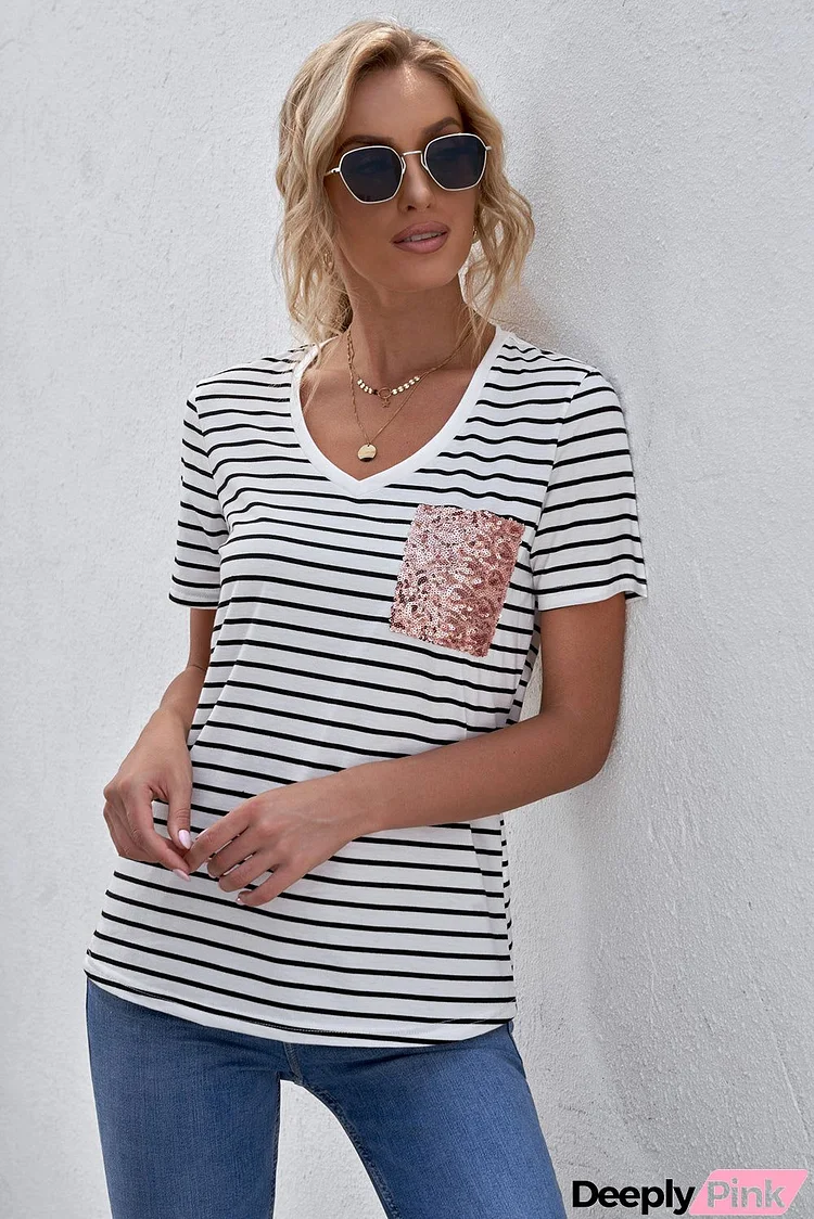 Women's Short Sleeve V Neck White Striped T-shirt with Patch Pocket