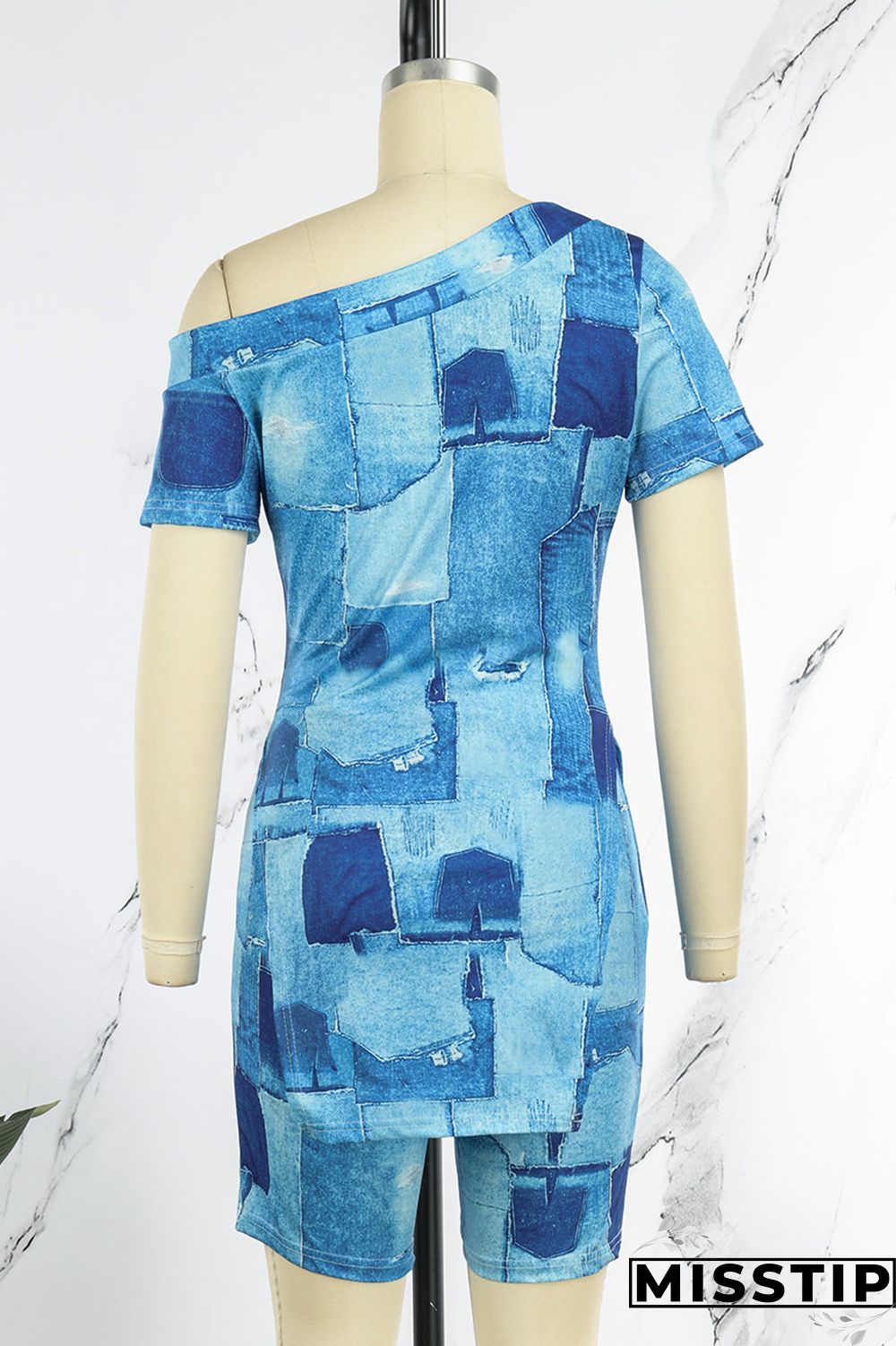 Black White Casual Print Slit Oblique Collar Short Sleeve Two Pieces