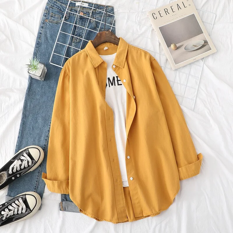 100% Cotton Shirts Womens Blouses Loose Lady Tops Solid Female Clothes Outwear News White BlueOversized