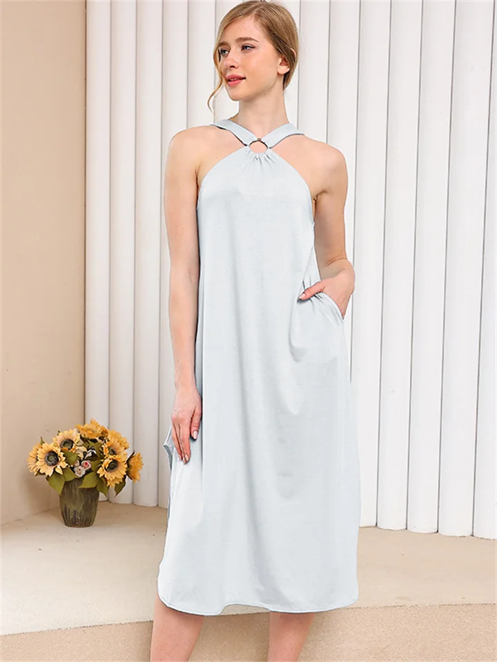 Spring and Summer New Strapless Casual Comfortable Long Pocket Dress Solid Color Hanging Neck Paragraph Casual Dress