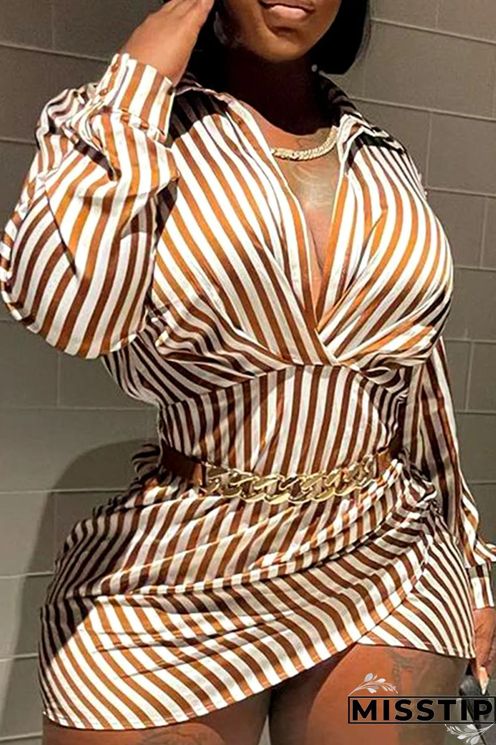 White Brown Sexy Striped Patchwork Slit Turndown Collar Wrapped Skirt Dresses(Without Belt )