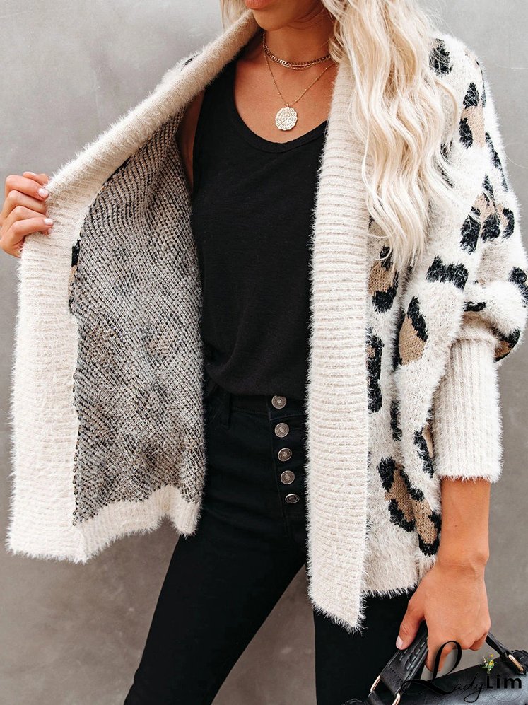 Trendy Leopard Print Bohemian Slim Dolman Sleeve Oversized Sweater Cardigan