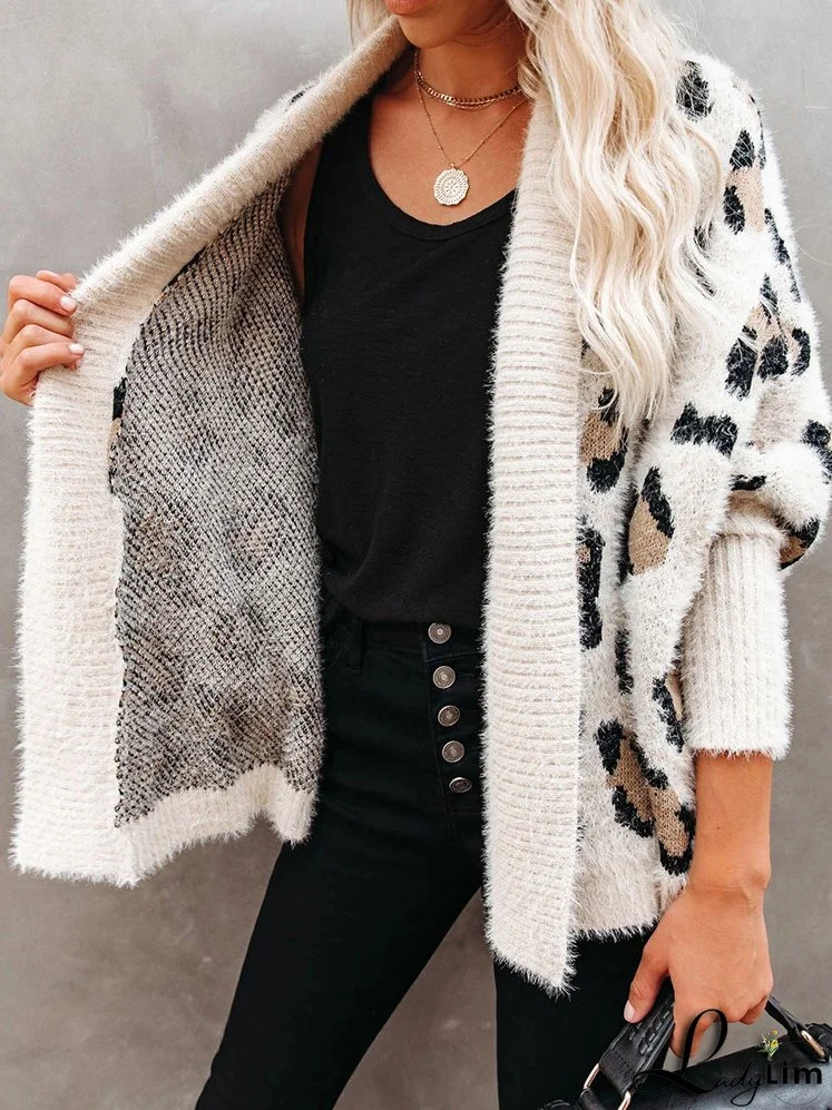 Trendy Leopard Print Bohemian Slim Dolman Sleeve Oversized Sweater Cardigan