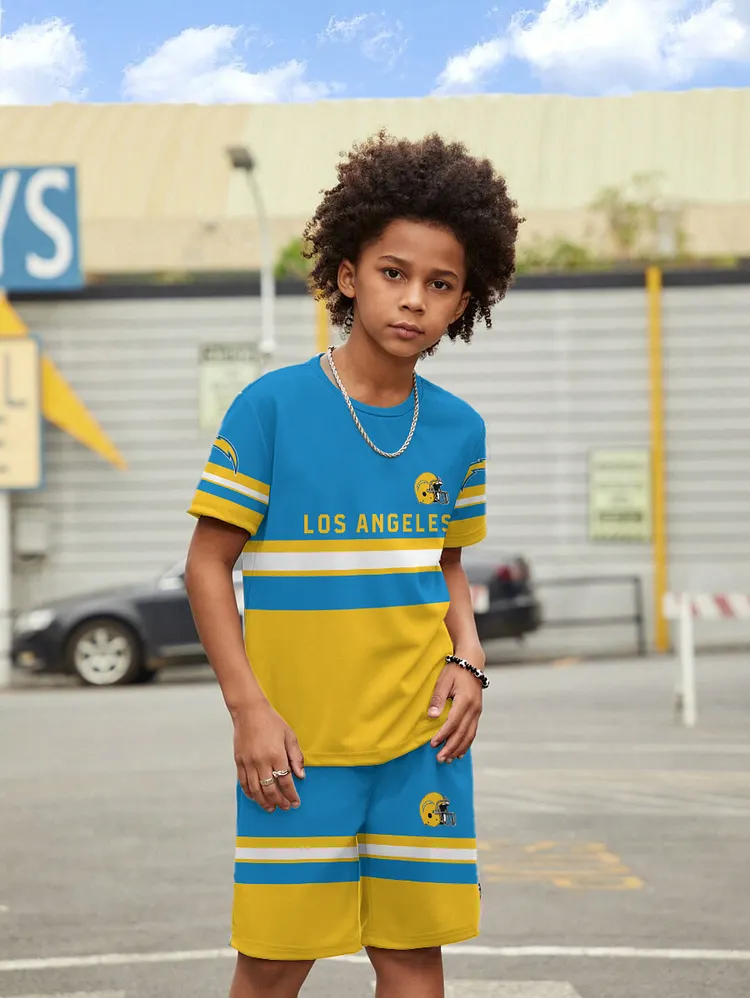 Los Angeles Chargers New Design Kids（5-14Y)' Casual Crew Neck T-shirt And Drawstring Shorts  2pcs/Set