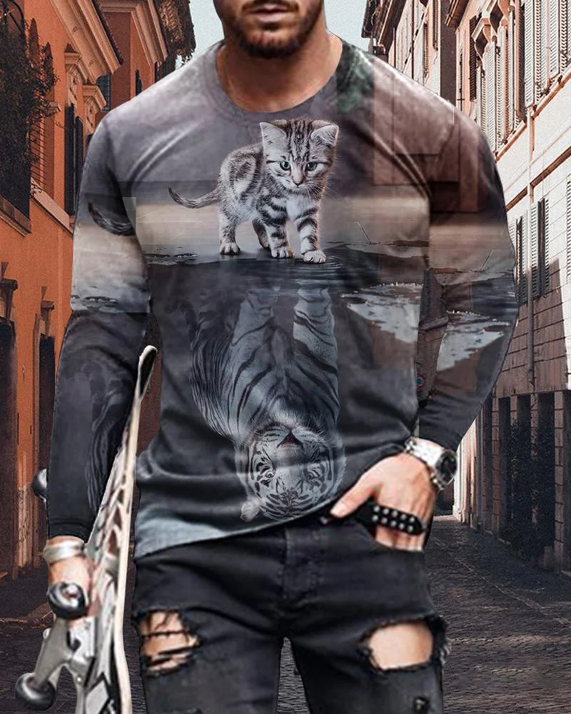 Men's Fashion Animals Stitching Printing Long-sleeved T-shirt