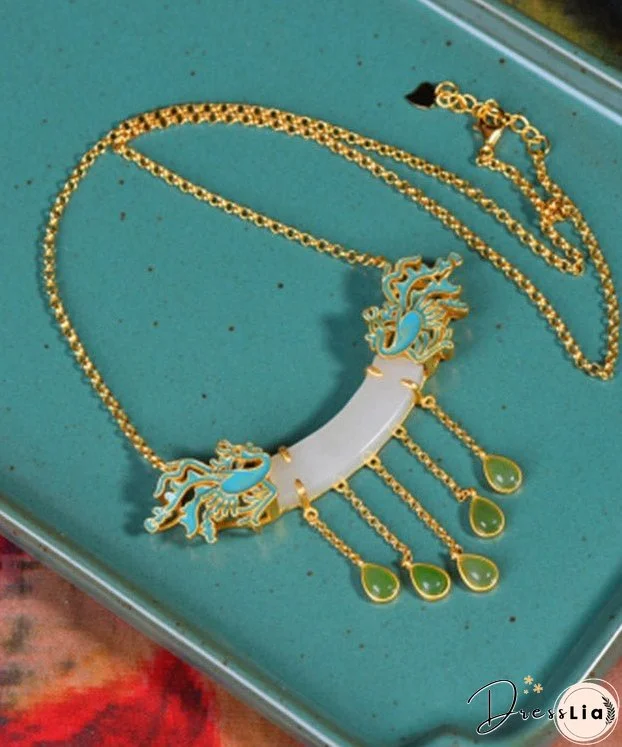 Style White Jade Enamel Phoenix Lariat Necklace