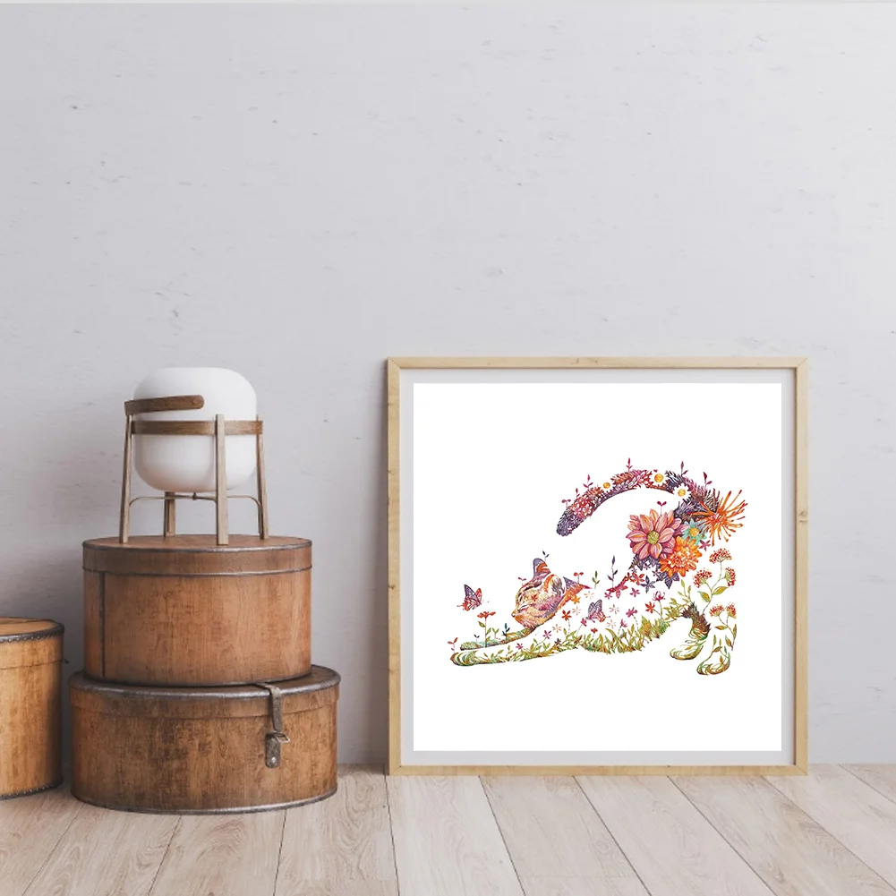 14CT Counted Partial Cross Stitch - Flowers Cat(40*40cm)