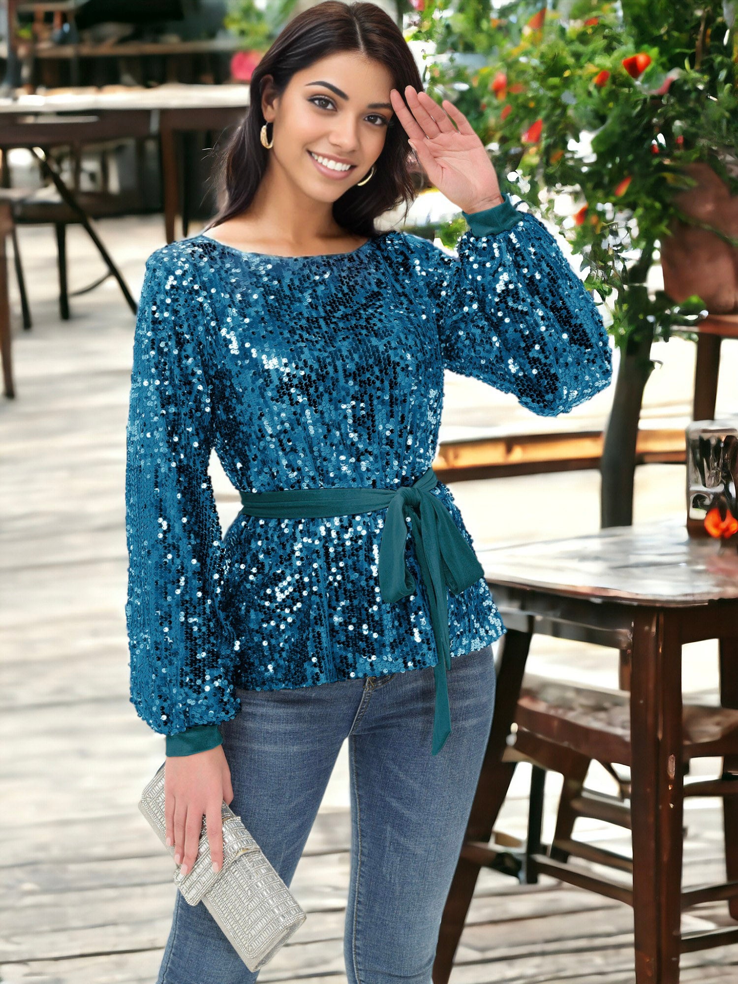Sequin Party Tie Waist Sweatshirt Pullover Top