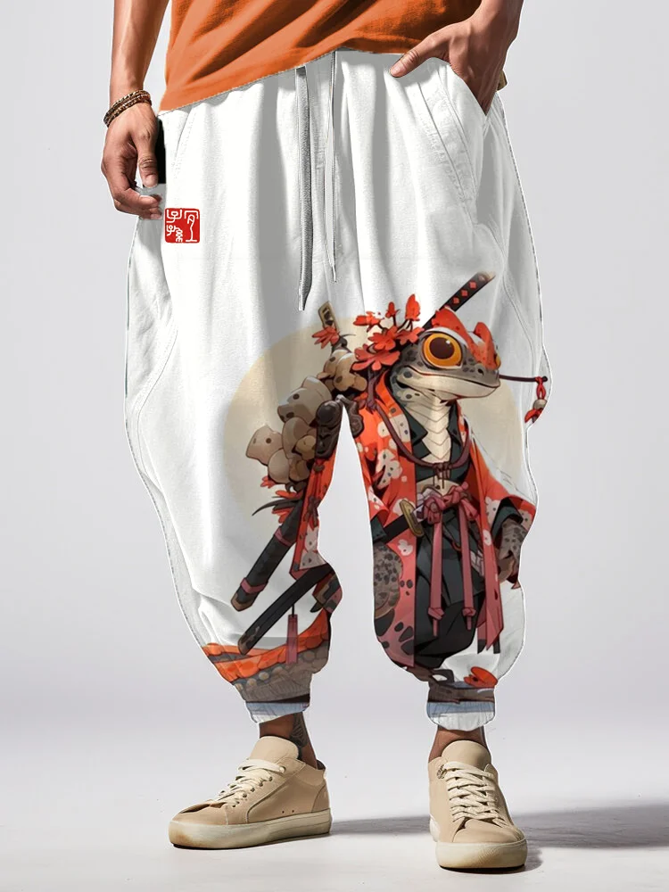 Men's Japan Sakura Frog Samurai Art Print Loose Drawstring Waist Sweatpants