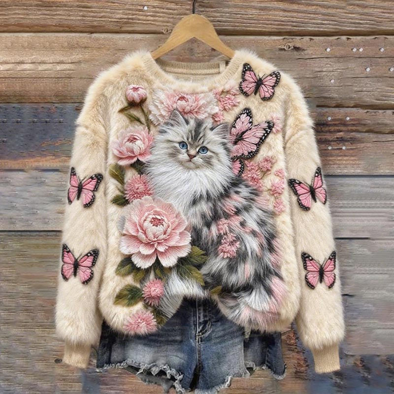 Women's Cat Flower And Butterfly Pattern Cozy Flannel Sweatshirt elevenforest
