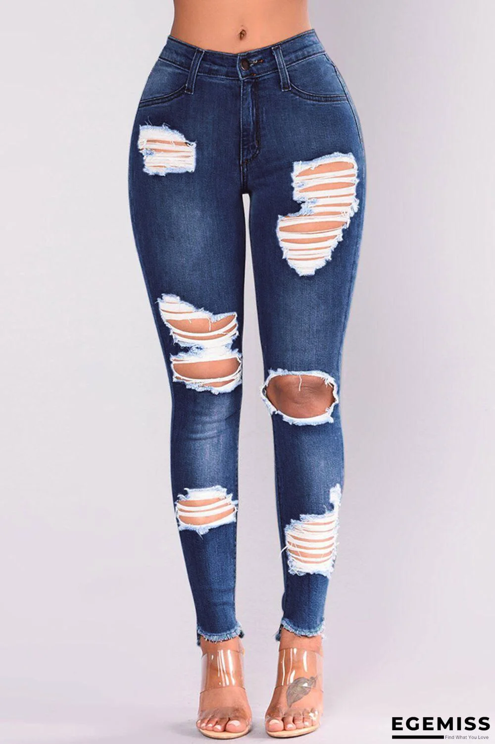 Dark Blue Fashion Casual Solid Ripped Mid Waist Skinny Jeans | EGEMISS