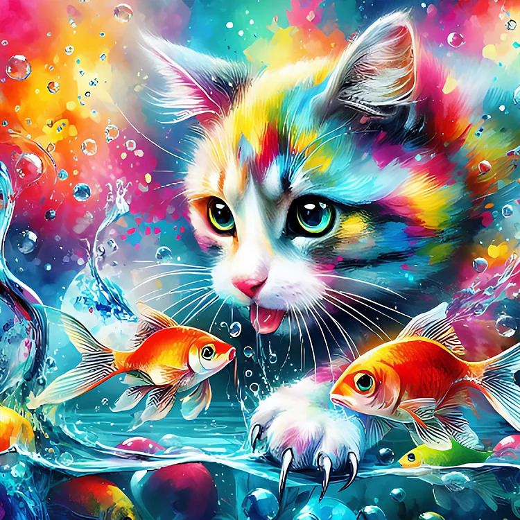 Goldfish And Colorful Cat 40*40CM (Canvas) Full Round Drill Diamond Painting gbfke