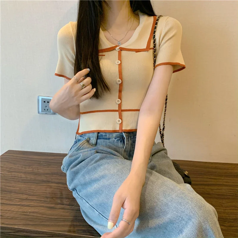 Uveng Uveng Niche Polo-Collared Ice Silk Knitted Cardigan Women 2023 Summer New Thin Chic Top