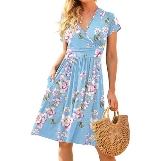 Women's Print Loose Short Sleeve Pocket Dress