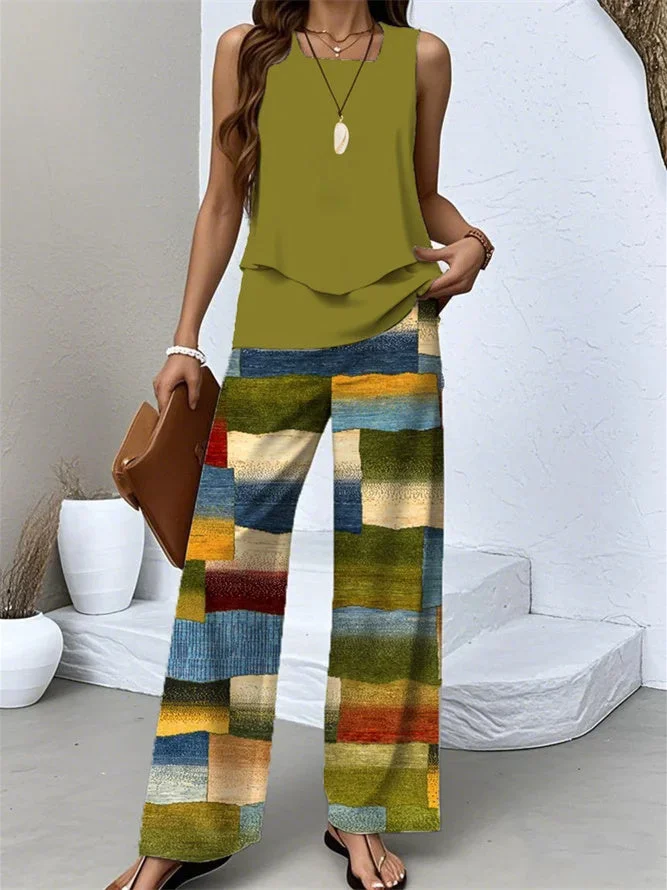 Women's Sleeveless Square Collar Graphic Printed Casual Set