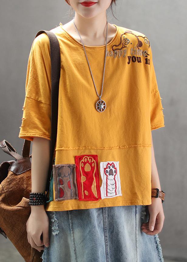 VCSHOES cotton tunic top Pakistani Summer yellow Loose Retro Ripped Hole Embroidery T-Shirt