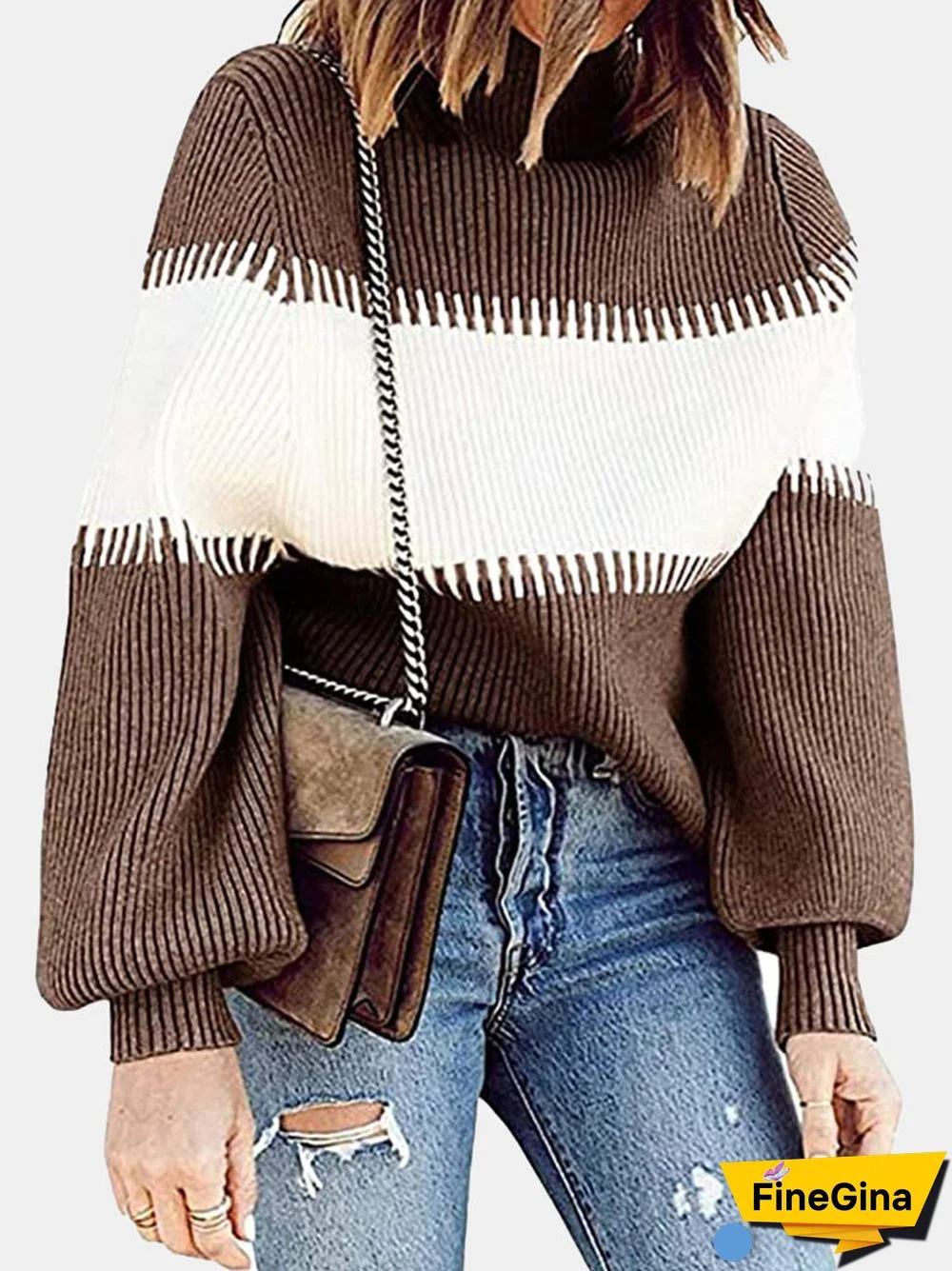 Contrast Color Lantern Sleeve O-neck Sweater For Women
