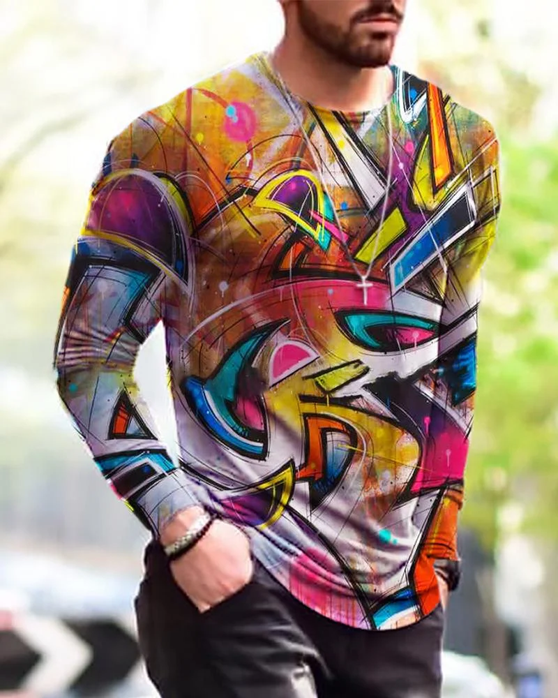 Men's abstract cartoon printed long-sleeved T-shirt