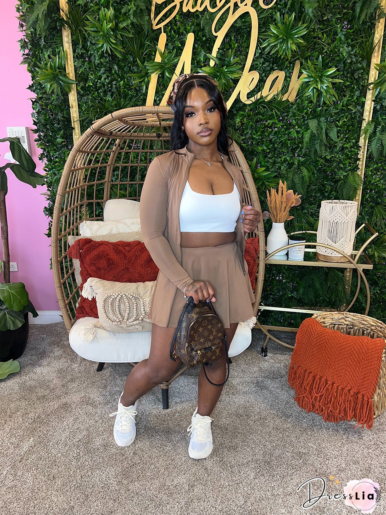 Long Sleeve Crop Top Pleated Skirt Two Piece Set