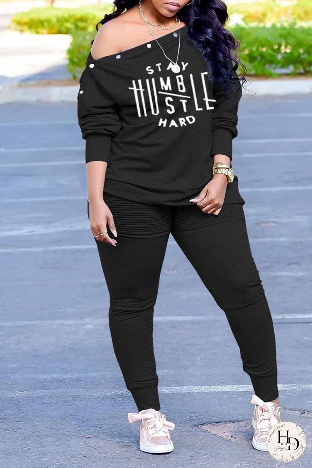 Black Casual Print Patchwork Buckle Off the Shoulder Plus Size Two Pieces