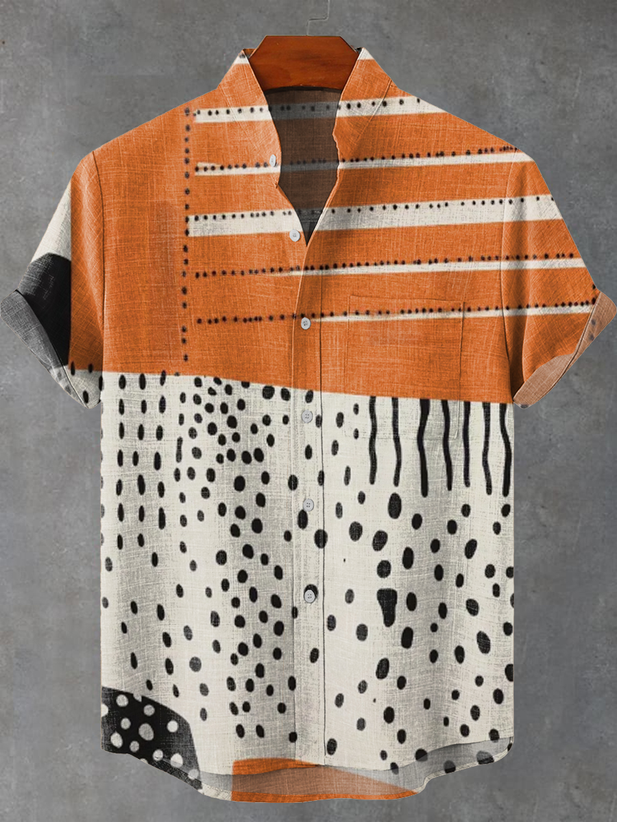 Vintage Abstract Geometric Lines Polka Dots Painting Art Print Casual 100% Cotton Shirt