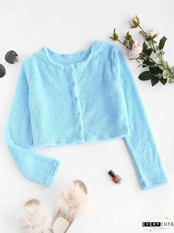 Button Up Fluffy Cropped Top for Women